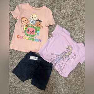 4T (3 pc Set) Frozen tee, CoComelon tee and NWT old navy shorts
